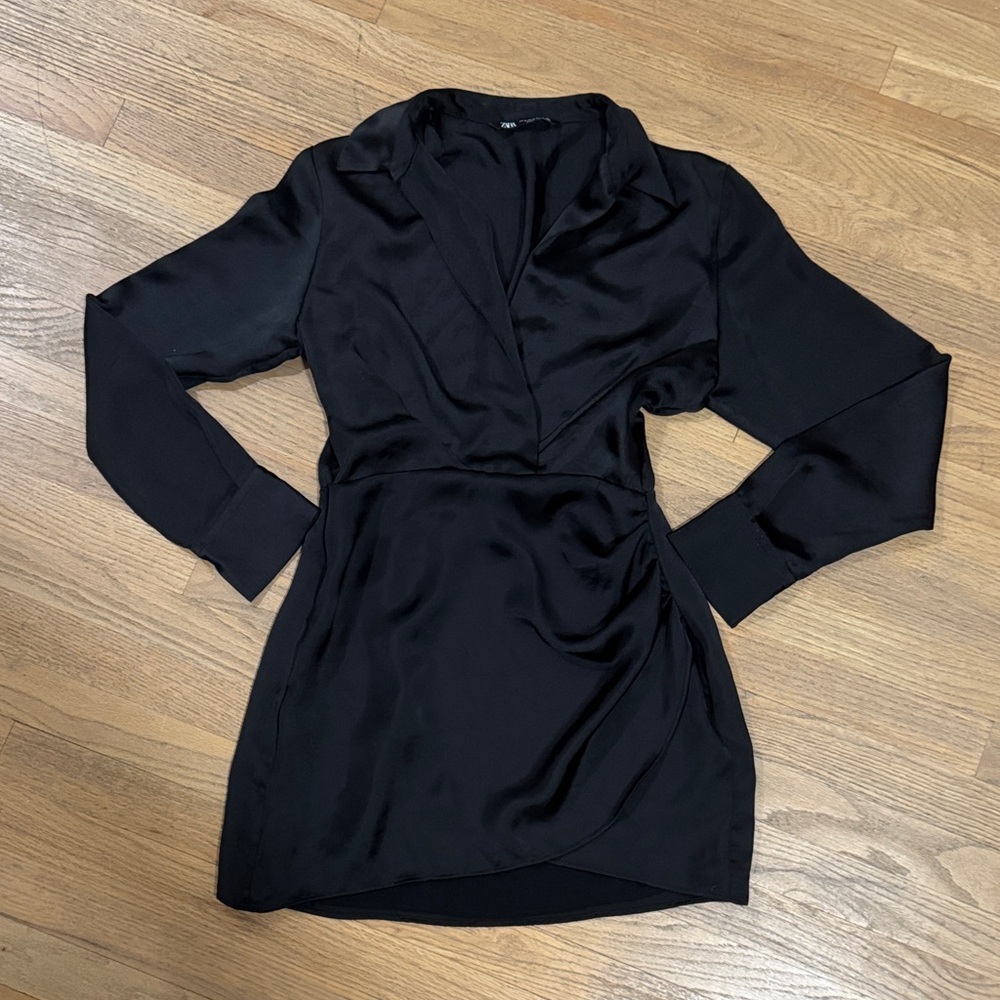 Zara Black Long-Sleeve Satin Wrap Dress
